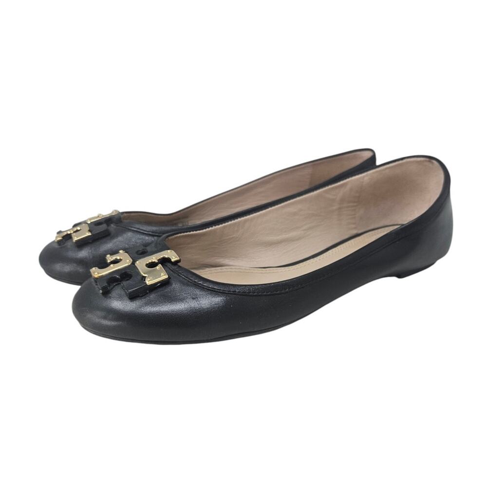 Tory Burch Lowell Ballet Flat 8 Black Leather Logo Minimalist Career Preppy